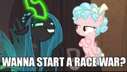 Size: 996x564 | Tagged: safe, edit, edited screencap, screencap, cozy glow, queen chrysalis, changeling, changeling queen, pegasus, pony, the summer sun setback, evil grin, female, grin, meme, race war, smiling