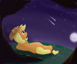 Size: 1800x1500 | Tagged: safe, artist:dixketl, applejack, earth pony, pony, applejack's parents, looking up, moon, night, on side, shooting star, solo