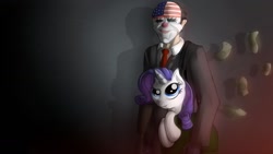 Size: 1191x670 | Tagged: safe, artist:malamol, rarity, human, pony, crossover, dallas, holding a pony, payday, payday 2, payday the heist, raised eyebrow, smiling