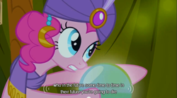 Size: 640x355 | Tagged: safe, edit, edited screencap, screencap, pinkie pie, earth pony, pony, it's about time, caption, clothes, crystal ball, future, hat, implied death, madame pinkie, prediction, scarf, solo, youtube caption