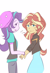 Size: 2370x3444 | Tagged: safe, artist:yuck, starlight glimmer, sunset shimmer, equestria girls, mirror magic, spoiler:eqg specials, beanie, duo, duo female, female, hat, lesbian, shimmerglimmer, shipping, simple background, white background