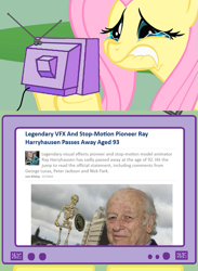 Size: 563x771 | Tagged: safe, fluttershy, pegasus, pony, exploitable meme, fluttercry, ray harryhausen, tv meme