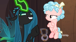 Size: 1920x1080 | Tagged: safe, screencap, cozy glow, queen chrysalis, changeling, changeling queen, pegasus, pony, the summer sun setback, crossed hooves, discovery family logo, evil grin, female, filly, flying, glowing horn, grin, horn, lidded eyes, sideways glance, smiling
