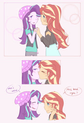 Size: 2370x3444 | Tagged: safe, artist:yuck, starlight glimmer, sunset shimmer, equestria girls, mirror magic, spoiler:eqg specials, beanie, blushing, dialogue, duo, duo female, female, hat, kissing, lesbian, shimmerglimmer, shipping, sidemouth