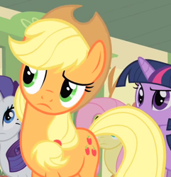 Size: 582x604 | Tagged: safe, screencap, applejack, earth pony, pony, over a barrel, cropped, female, head tilt, mare, solo focus