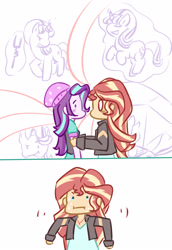 Size: 2370x3444 | Tagged: safe, artist:yuck, starlight glimmer, sunset shimmer, pony, unicorn, equestria girls, mirror magic, spoiler:eqg specials, beanie, female, hat, holding arms, lesbian, mare, s5 starlight, shimmerglimmer, shipping, staff, staff of sameness, sunset sees things, sweat