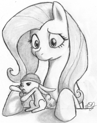 Size: 1184x1500 | Tagged: safe, artist:dj-black-n-white, angel bunny, fluttershy, pegasus, pony, monochrome, traditional art