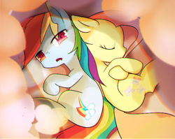 Size: 600x478 | Tagged: safe, artist:youhoujou, derpibooru import, fluttershy, rainbow dash, pegasus, pony, cloud, cute, dashabetes, duo, duo female, eyes closed, female, looking at you, lying down, mare, on side, shyabetes, sleeping, sleepy, wingless