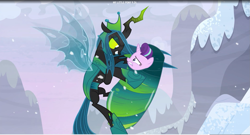 Size: 1713x928 | Tagged: safe, screencap, queen chrysalis, starlight glimmer, changeling, changeling queen, pony, unicorn, the ending of the end, bondage, changeling slime, cocoon, cocooning, female, mare, mega chrysalis, ultimate chrysalis