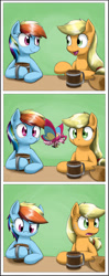 Size: 1592x4011 | Tagged: safe, artist:otakuap, derpibooru import, applejack, pinkie pie, rainbow dash, moth, mothpony, original species, apple cider, bongos, cider, comic, mug, pinkie being pinkie, species swap