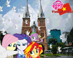 Size: 3000x2400 | Tagged: safe, artist:trungtranhaitrung, fluttershy, rarity, spike, sunset shimmer, dog, pigeon, equestria girls, catholicism, diamond plaza, food, ho chi minh city, maria, notre dame, plant, selfie, spike the dog, tourist, tree, vietnam