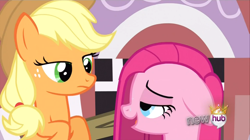 Size: 1440x808 | Tagged: safe, applejack, pinkie pie, earth pony, pony, magical mystery cure, bedroom eyes, pinkamena diane pie