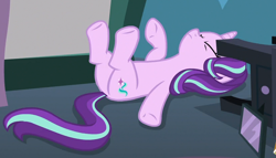 Size: 826x473 | Tagged: safe, screencap, starlight glimmer, pony, unicorn, rock solid friendship, cropped, eyes closed, legs in air, lying, on back, solo, starlight's room