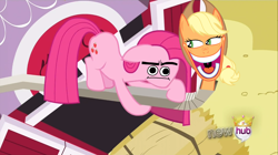 Size: 1440x809 | Tagged: safe, applejack, pinkie pie, magical mystery cure, hentai woody, hub logo, wat, woody face