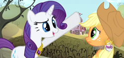 Size: 1586x740 | Tagged: safe, screencap, applejack, rarity, earth pony, pony, unicorn, magical mystery cure, female, horn, mare