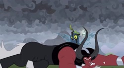 Size: 1466x809 | Tagged: safe, screencap, lord tirek, queen chrysalis, changeling, changeling queen, the ending of the end, bewitching bell, broken tooth, leak, tooth, ultimate chrysalis