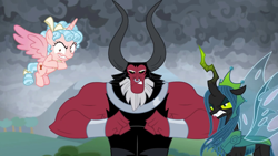 Size: 1920x1080 | Tagged: safe, screencap, cozy glow, lord tirek, queen chrysalis, alicorn, changeling, changeling queen, the ending of the end, alicornified, cozy glow is best facemaker, cozycorn, crazy glow, crazycorn, insanity, leak, race swap, trio, ultimate chrysalis