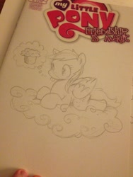 Size: 1024x1365 | Tagged: safe, artist:katiecandraw, derpy hooves, pegasus, pony, cloud, female, logo, mare, muffin, solo, thought bubble, tongue out, traditional art