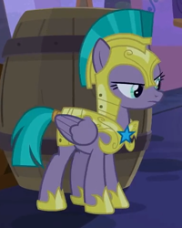 Size: 384x479 | Tagged: safe, screencap, queen chrysalis, changeling, changeling queen, pegasus, pony, the summer sun setback, annoyed, armor, barrel, cropped, disguise, disguised changeling, female, guardsmare, helmet, hoof shoes, mare, royal guard, solo, tail wrap, vanguard cover