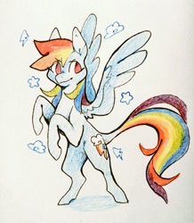 Size: 891x1024 | Tagged: safe, artist:bebbies, derpibooru import, rainbow dash, pegasus, pony, bipedal, cloud, colored pencil drawing, female, looking at you, mare, no pupils, rearing, simple background, smiling, solo, spread wings, traditional art, white background, wings