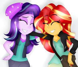 Size: 3038x2618 | Tagged: safe, artist:cosmiickatie, starlight glimmer, sunset shimmer, equestria girls, mirror magic, spoiler:eqg specials, beanie, clothes, duo, duo female, eyes closed, female, hat, jacket, scene interpretation, shirt, smiling