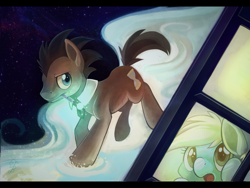 Size: 2000x1500 | Tagged: safe, artist:thenecrobalam, derpy hooves, doctor whooves, earth pony, pegasus, pony, doctor who, duo, mouth hold, sonic screwdriver, space, tardis