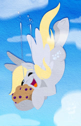 Size: 400x618 | Tagged: safe, artist:bunnimation, derpy hooves, pegasus, pony, crying, eyes closed, falling, muffin, sky, smiling, solo, tears of joy