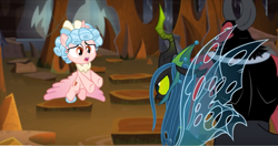 Size: 1233x649 | Tagged: safe, screencap, cozy glow, lord tirek, queen chrysalis, alicorn, centaur, changeling, changeling queen, the ending of the end, cozycorn, evil lair, flying, grogar's lair, lair, leak, race swap, shocked, ultimate chrysalis