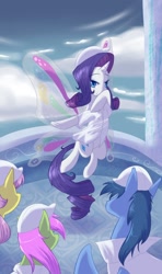 Size: 602x1020 | Tagged: safe, artist:whitephox, blues, merry may, noteworthy, rarity, pony, unicorn, sonic rainboom (episode), audience, butterfly wings, clothes, flying, glimmer wings, hard hat, hat, lab coat, scene interpretation, wahaha, weather factory, wings