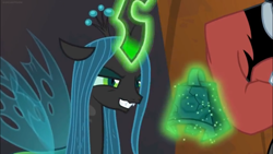 Size: 1366x768 | Tagged: safe, screencap, lord tirek, queen chrysalis, changeling, changeling queen, the summer sun setback, bell, grogar's bell, levitation, magic, plotting, sinister, telekinesis