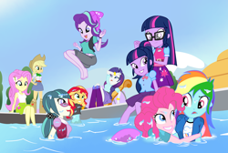 Size: 2900x1945 | Tagged: safe, artist:succubi samus, derpibooru import, applejack, fluttershy, juniper montage, pinkie pie, rainbow dash, rarity, sci-twi, starlight glimmer, sunset shimmer, twilight sparkle, equestria girls, adorable face, barefoot, beanie, belly button, clothes, commission, cute, feet, female, glasses, glimmerbetes, grin, hat, jumping, lesbian, loose hair, midriff, not fiery shimmer, pinkiedash, ponytail, pool party, shipping, show accurate, skirt, smiling, swimming pool, tanktop, twiabetes, twolight, wet, wet clothes, wet hair
