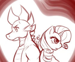 Size: 700x575 | Tagged: safe, artist:pia-sama, rarity, spike, anthro, unicorn, back to back, female, male, monochrome, shipping, sketch, sparity, straight