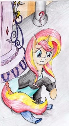 Size: 1829x3330 | Tagged: safe, artist:40kponyguy, derpibooru exclusive, discord, sunset shimmer, pony, equestria girls, clothes, confused, equestria girls outfit, magic mirror, traditional art