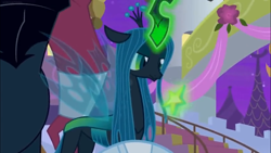 Size: 1366x768 | Tagged: safe, screencap, lord tirek, queen chrysalis, changeling, changeling queen, the summer sun setback, badge, canterlot, levitation, magic, night, stars, telekinesis