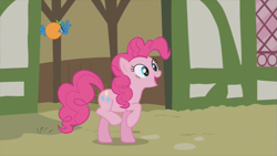 Size: 853x480 | Tagged: safe, screencap, pinkie pie, earth pony, pony, too many pinkie pies, flying orange, solo