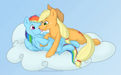 Size: 1099x684 | Tagged: safe, artist:arcticwaters, derpibooru import, applejack, rainbow dash, earth pony, pegasus, pony, unicorn, appledash, blushing, cloud, female, holding hooves, lesbian, licking, mare, shipping