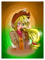 Size: 1600x2100 | Tagged: safe, artist:applestems, applejack, blushing, caramel apple (food), humanized, solo