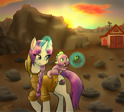 Size: 3000x2700 | Tagged: safe, artist:jitterbugjive, rarity, spike, dragon, pony, unicorn, alternate universe, gem, riding, rock farm