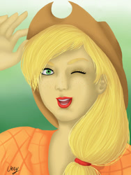 Size: 774x1032 | Tagged: safe, artist:verygood91, applejack, humanized, solo, wink