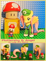 Size: 650x867 | Tagged: safe, artist:bearded-brony, angel bunny, fluttershy, ? block, cosplay, custom, hat, irl, lego, luigi, mario, mushroom, nintendo, photo, super mario bros., super mushroom, toy