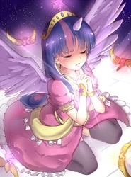 Size: 500x676 | Tagged: safe, artist:bigbakunyuu, artist:mnll, artist:mw-magister, derpibooru import, twilight sparkle, twilight sparkle (alicorn), alicorn, human, big crown thingy, clothes, coronation dress, crying, dress, element of generosity, element of honesty, element of kindness, element of loyalty, element of magic, elements of harmony, eyes closed, glow, horned humanization, how, humanized, immortality blues, kneeling, magic, praying, waka, winged humanization