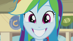 Size: 1280x720 | Tagged: safe, derpibooru import, screencap, rainbow dash, equestria girls, pinkie on the one, cute, dashabetes, smiling, solo