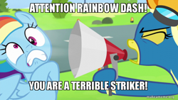 Size: 800x450 | Tagged: safe, derpibooru import, edit, edited screencap, screencap, rainbow dash, spitfire, pegasus, pony, newbie dash, image macro, megaphone, meme, spongebob squarepants, squid on strike, yelling