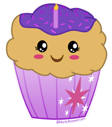 Size: 824x938 | Tagged: safe, artist:shikariix, derpibooru import, twilight sparkle, blushing, candle, cupcake, cutie mark, fire, food, frosting, looking at you, signature, smiling, solo, sprinkles