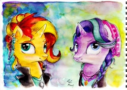 Size: 1024x726 | Tagged: safe, artist:moonlight-ki, starlight glimmer, sunset shimmer, pony, unicorn, clothes, ear piercing, earring, female, jewelry, mare, piercing, traditional art, watercolor painting