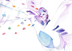 Size: 1280x919 | Tagged: safe, artist:jiayi, rarity, pony, unicorn, crossover, duo, female, fight, flying, gem, lugia, mare, pokémon, ponies riding pokémon, riding, spread wings, traditional art, watercolor painting, wings