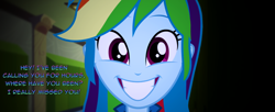 Size: 1366x558 | Tagged: safe, derpibooru import, edit, edited screencap, screencap, rainbow dash, equestria girls, dialogue, grin, looking at you, manip, smiling, solo, yandere, yanderebow dash