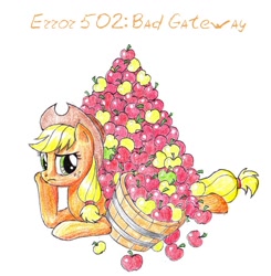 Size: 700x714 | Tagged: safe, artist:sirzi, applejack, earth pony, pony, 502 bad gateway, :c, annoyed, apple, barrel, basket, frown, http status code, leaning, looking back, prone, simple background, solo, stuck, traditional art, white background, who's a silly pony
