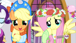 Size: 1280x720 | Tagged: safe, applejack, fluttershy, earth pony, pegasus, pony, magical mystery cure, crying, happy