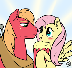 Size: 696x664 | Tagged: safe, artist:marindashy, big macintosh, fluttershy, earth pony, pegasus, pony, blushing, fluttermac, male, shipping, stallion, straight